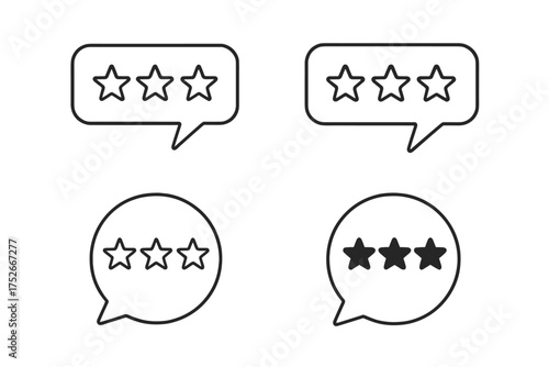 Customer review icon set. Star rating feedback. Speech bubble with stars for testimonial. Business service quality evaluation. Customer satisfaction survey symbol collection.
