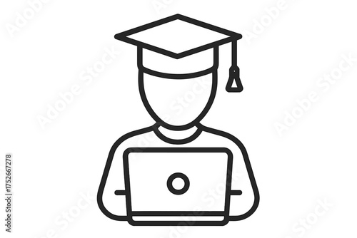 Student in academic cap with laptop. E-learning, online education concept. University graduation, distance learning. Knowledge, studying, web course. Thin line vector icon.