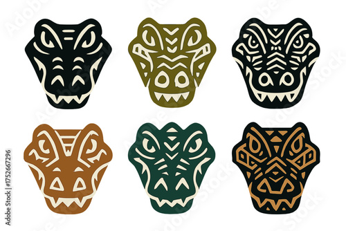 Set of six tribal crocodile head icons. Stylized geometric alligator mascot logo collection. Vector illustration of reptile masks in ancient aztec or mayan style.