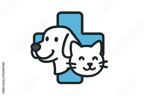 Veterinary icon with dog and cat heads. Pet health care logo. Animal hospital, clinic medical cross symbol. Vet shop, shelter, emergency sign. Vector illustration for pet care.