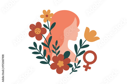 International Women's Day vector illustration. Woman profile silhouette with flowers and female gender symbol. Concept for feminism, women's rights, empowerment, beauty, nature, self care.