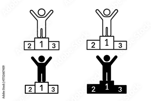 Winner on podium icon set. First place champion celebrating victory. Success, achievement, and competition concept. Number one on pedestal. Leadership goal. 4 styles vector.