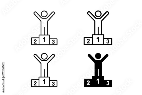 Winner on podium vector icon set. First place champion celebrating victory. Success and achievement concept. Line art, outline, and solid silhouette graphic styles.