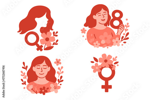 International Women's Day vector illustration set. March 8 greeting card elements. Female empowerment, feminism concept with woman face, gender symbol and flowers. Happy girl.