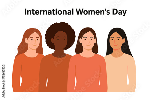 International Women's Day with diverse women group. Unity, empowerment, feminism, and equal rights concept. Multicultural people standing together for freedom and sisterhood.