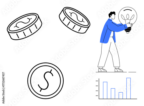 Man holding a light bulb symbolizes creativity. Floating coins suggest financial concepts and growth. Bar graph highlights analytics and upward trends. Ideal for business, finance, growth
