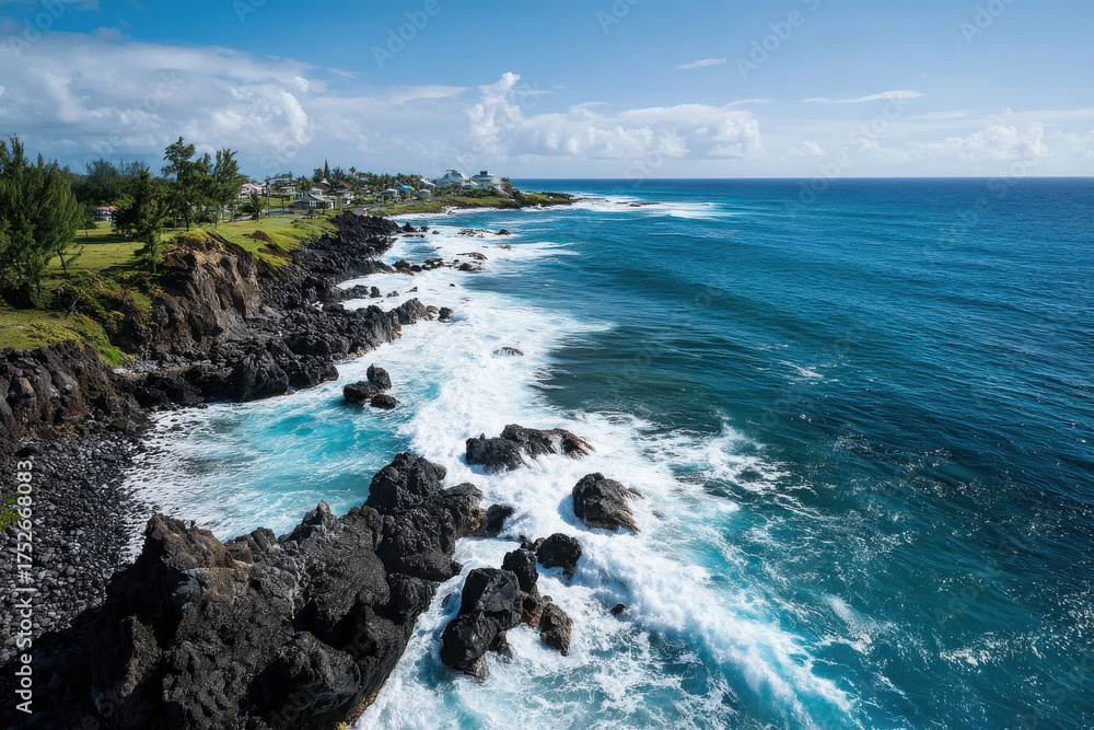 Fototapeta premium Coastal landscape with waves hitting black volcanic rocks