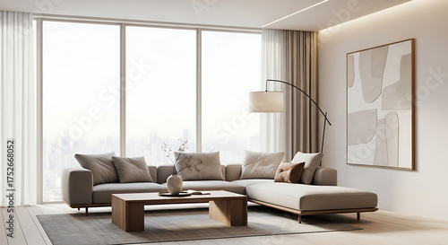 Modern Minimalist Living Room Interior with Elegant Furniture, Natural Light, Neutral Tones, Cozy Atmosphere, Wooden Floor, and Contemporary Design for Home Decoration Inspiration
