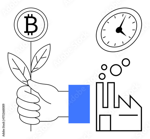 Hand holding leafy stem with Bitcoin, clock symbolizing time, factory emitting bubbles. Ideal for cryptocurrency, innovation, sustainability, time management, growth fintech industry. Simple flat