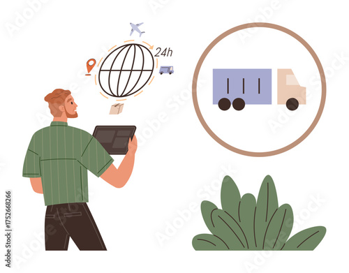 Man using a tablet to track global logistics with symbols of globe, truck, and airplane. Ideal for supply chain, delivery, technology, global business, transportation, e-commerce simple flat