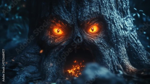 Enigmatic tree face with glowing eyes in dark forest atmosphere