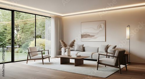 Modern Minimalist Living Room Interior with Elegant Furniture, Natural Light, Neutral Tones, Cozy Atmosphere, Wooden Floor, and Contemporary Design for Home Decoration Inspiration

