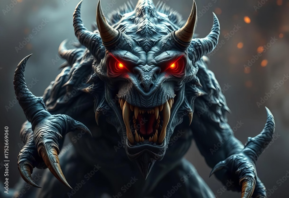 Fototapeta premium Grotesque, clawed beast with glowing eyes, sharp teeth, dark fantasy, spooky