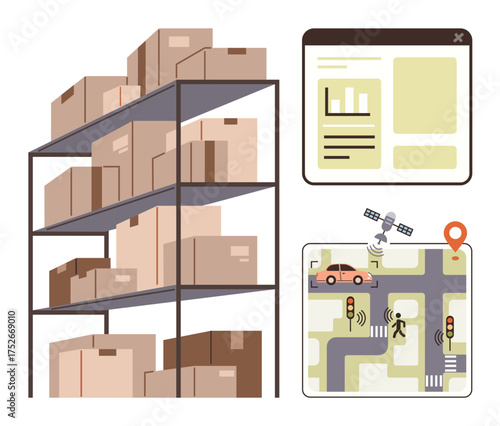 Storage shelves with boxes, interactive dashboard, and satellite-enabled traffic system. Ideal for logistics, supply chain, warehouse management, inventory tracking, urban planning, smart systems