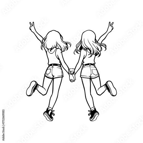 Two happy girls holding hands and jumping with peace signs