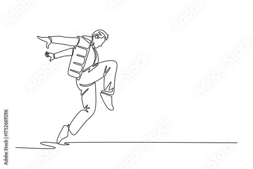 Continuous one line drawing attractive guy mid-jump or leap, with one knee tucked high and arm outstretched, dynamic and energetic Hip Hop movement. Single line draw design vector graphic illustration
