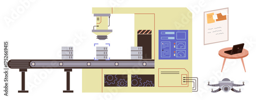 Robotic arm placing items on conveyor belt, monitoring screens, quadcopter nearby, and a desk with laptop. Ideal for automation, robotics, technology, manufacturing, efficiency innovation