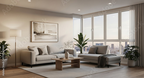 Modern Minimalist Living Room Interior with Elegant Furniture, Natural Light, Neutral Tones, Cozy Atmosphere, Wooden Floor, and Contemporary Design for Home Decoration Inspiration

