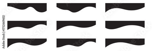 Collection of dividers shape templates. Modern separator header for website and app. Curve lines, wave collection of abstract design element for top and bottom page web site. Black Color Curved shape.