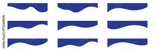 Set of separators shapes for website. Curve Lines, Drops, Wave and triangular dividers for Top or Bottom Page. Frame of header. Collection of dividers shape templates. Blue Color curved background Set