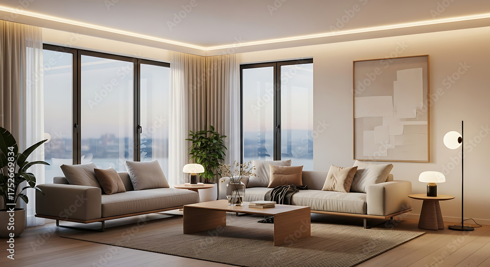 Fototapeta premium Modern Minimalist Living Room Interior with Elegant Furniture, Natural Light, Neutral Tones, Cozy Atmosphere, Wooden Floor, and Contemporary Design for Home Decoration Inspiration 