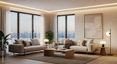 Modern Minimalist Living Room Interior with Elegant Furniture, Natural Light, Neutral Tones, Cozy Atmosphere, Wooden Floor, and Contemporary Design for Home Decoration Inspiration
