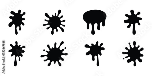 Black paint blots icon. Paint splash monochrome flat symbol. Dripping paint icon set. Current liquid. Paint flows. Melted circle logo. Current paint, stains. Current inks. Vector illustration design.