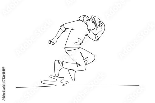 Continuous one line drawing Hip Hop dancer mid-leap, reaching for their hat in dramatic, airborne moment, illustrating dynamic and expressive pose. Single line draw design vector graphic illustration