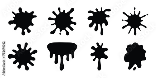 Black paint blots icon. Paint splash monochrome flat symbol. Dripping paint icon set. Current liquid. Paint flows. Melted circle logo. Current paint, stains. Current inks. Vector illustration design.