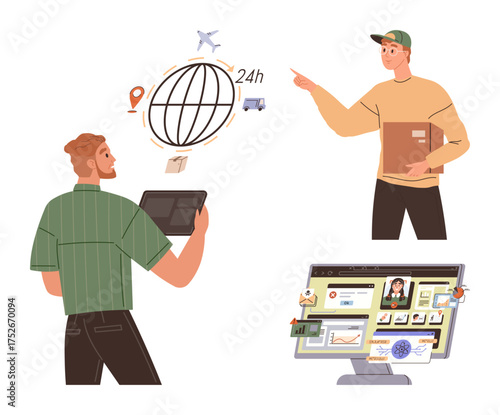 Digital logistics with a tablet, delivery personnel holding packages, and an e-commerce dashboard on a screen. Ideal for online shopping, shipping, delivery, logistics, technology, teamwork global