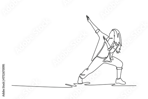 Single continuous line drawing young girl in wide, low stance, with one arm extended high and head tilted back, confident and expressive Hip Hop pose. One line draw graphic design vector illustration