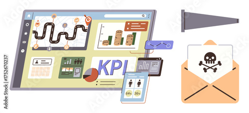 Tablet displays charts, graphs, KPIs, with email threat icon Ideal for cybersecurity, analytics, workplace productivity, risk management, technology, business strategy simple flat metaphor