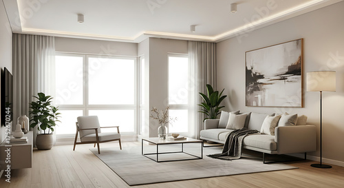 Modern Minimalist Living Room Interior with Elegant Furniture, Natural Light, Neutral Tones, Cozy Atmosphere, Wooden Floor, and Contemporary Design for Home Decoration Inspiration
