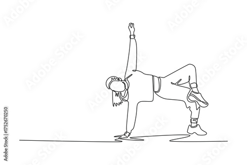 Single continuous line drawing young girl executing a demanding bridge or freeze move, balancing on one arm and one foot with other arm raised. Dynamic one line draw graphic design vector illustration