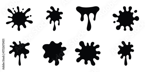 Black paint blots icon. Paint splash monochrome flat symbol. Dripping paint icon set. Current liquid. Paint flows. Melted circle logo. Current paint, stains. Current inks. Vector illustration design.