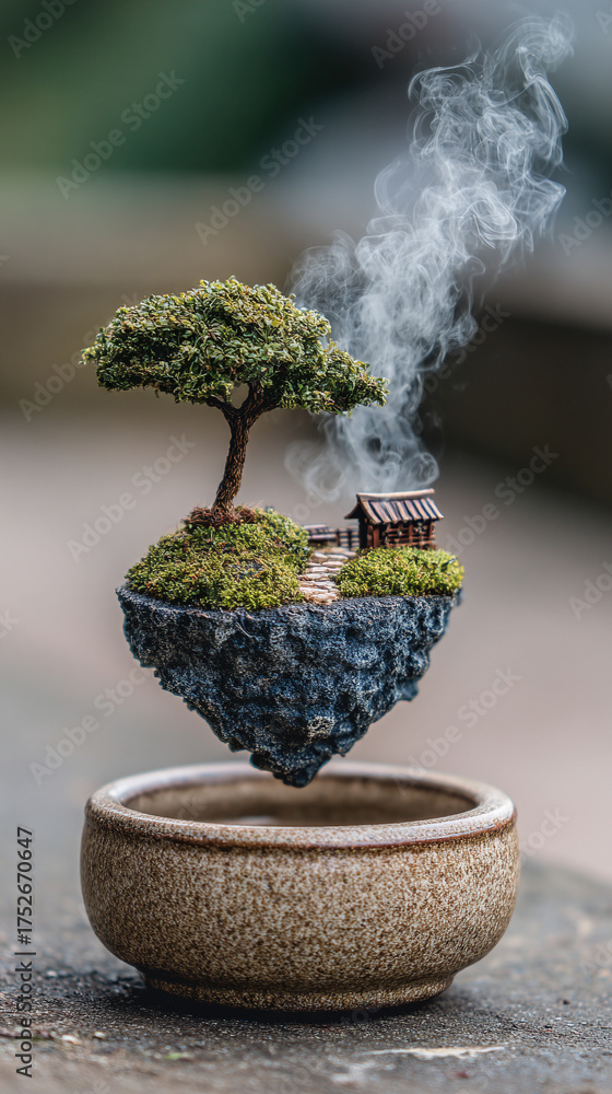 Fototapeta premium A miniature floating island with a single tree surrounded by mist symbolizing solitude growth and serenity representing the delicate balance between nature imagination and tranquility