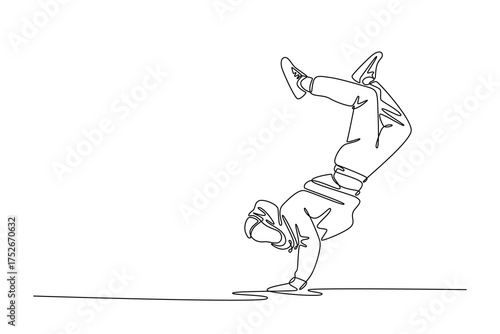 Single one line drawing attractive guy executing demanding one-handed handstand, or freeze power move, fundamental part of breakdancing. Modern continuous line draw design graphic vector illustration