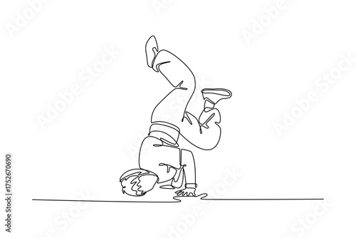Continuous one line drawing male breakdancer mid-power move, balanced on their head and hands with the legs tucked, illustrating challenging freeze. Single line draw design vector graphic illustration