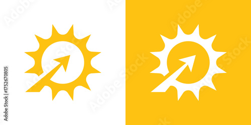 Modern logo combining a sun and upward arrow, symbolizing growth, energy, and positive progress. Perfect for renewable energy, business development, eco technology,  branding.