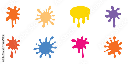 Set of grunge ink splatter. Splash of paints, spray drops, wet paint drop collection. Abstract splatter color pack background. Color paint splatter. Colorful ink stains, abstract paints splashes.