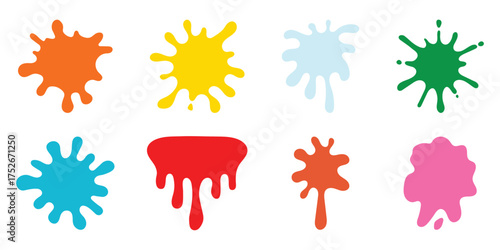 Set of grunge ink splatter. Splash of paints, spray drops, wet paint drop collection. Abstract splatter color pack background. Color paint splatter. Colorful ink stains, abstract paints splashes.