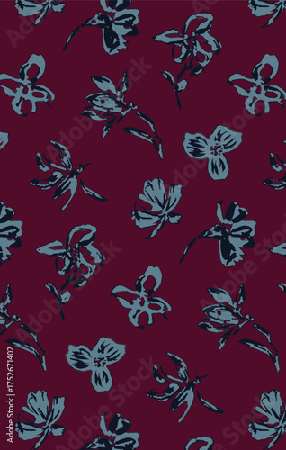Abstract solid vector textile design, arrangement with medium silhouette hibiscus flowers, all-over seamless pattern with red and gray tone color illustration, digital image printing factory