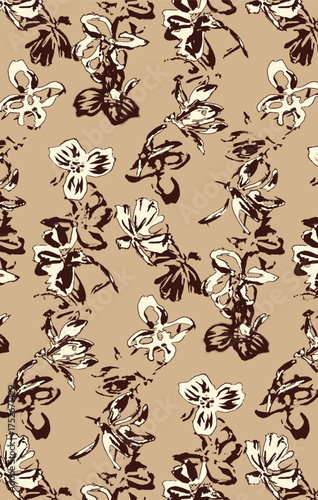 Abstract solid vector textile design, arrangement with medium dark and white silhouette aster flowers, all-over seamless pattern with brown and cream tone color illustration, digital image prints