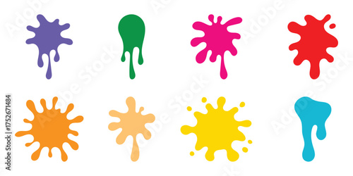 Set of grunge ink splatter. Splash of paints, spray drops, wet paint drop collection. Abstract splatter color pack background. Color paint splatter. Colorful ink stains, abstract paints splashes.