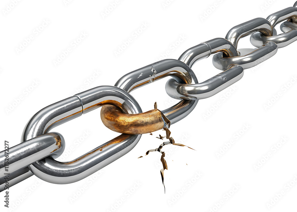 Fototapeta premium Broken Chain Link Symbolizing Weakness Failure and Disruption Metal Chain with a Cracked Link