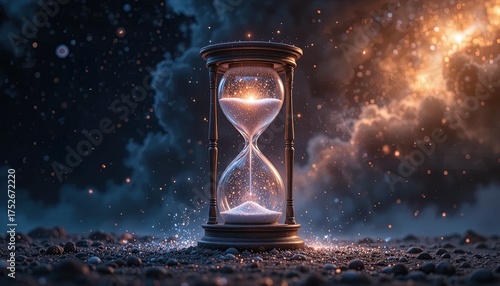 Hourglass filled with shimmering light evoking the relentless passage of time and the importance of seizing the present moment against a dramatic backdrop