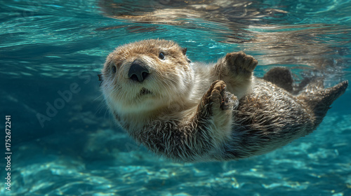 A curious otter swimming underwater with its paws up in clear blue water looking at the camera