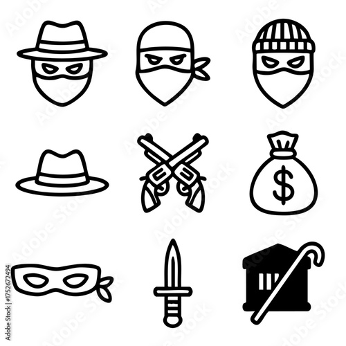 A set of doodle line icons illustrating crime and robbery concepts including thief masks, weapons, money bag, and jail