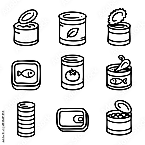 A set of doodle line icons showing various canned food products including vegetables, fish, meat, beans, and general tin containers