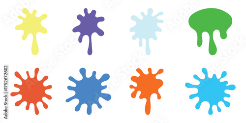 Colorful paint splatter shapes isolated on white background. Collection of bright paint splatter shapes in blue, green, red, orange and yellow, perfect for creative design. Vector illustration.